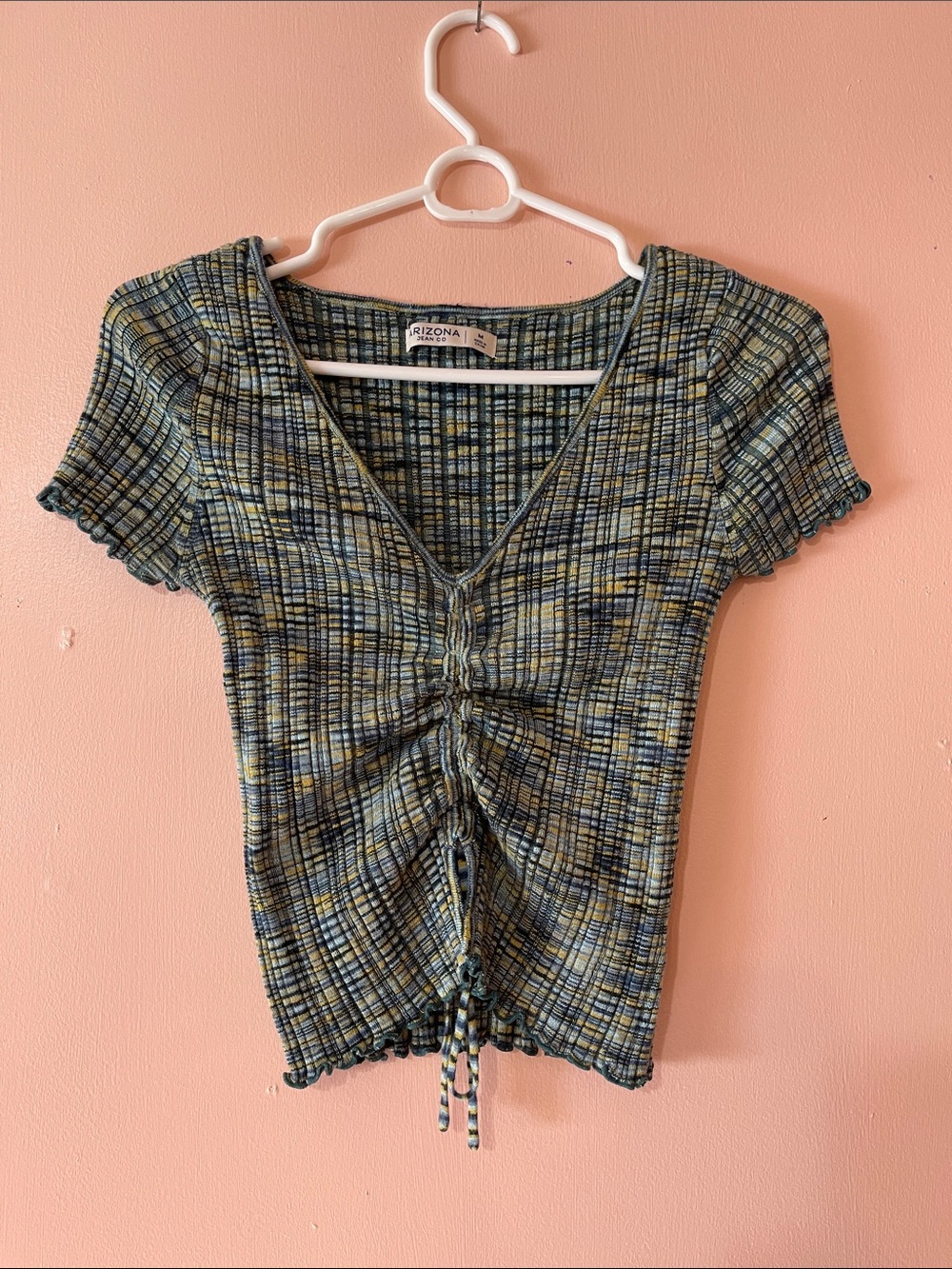 Arizona Soft Ribbed Ruched V-Neck Top in Green Multi